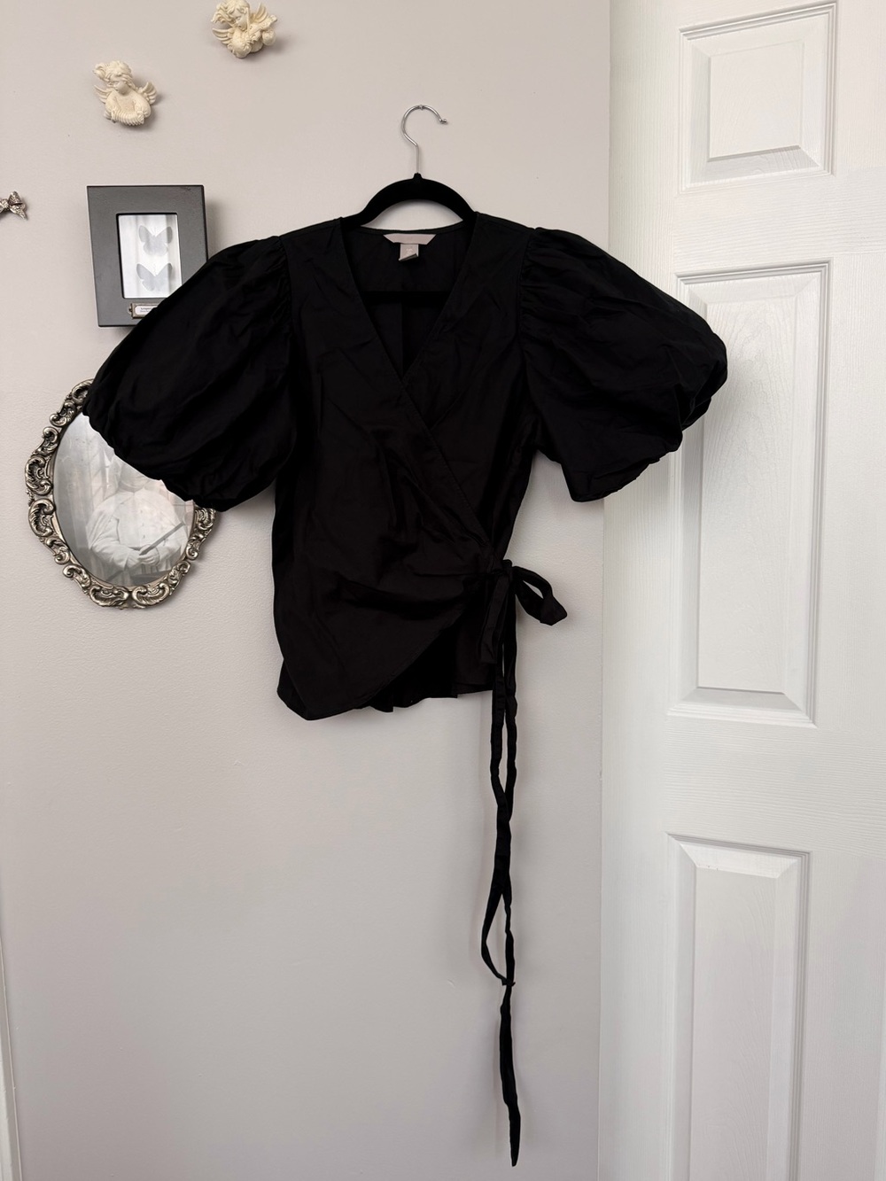 H&M Black Puff-Sleeve Wrap Top with Side Tie
